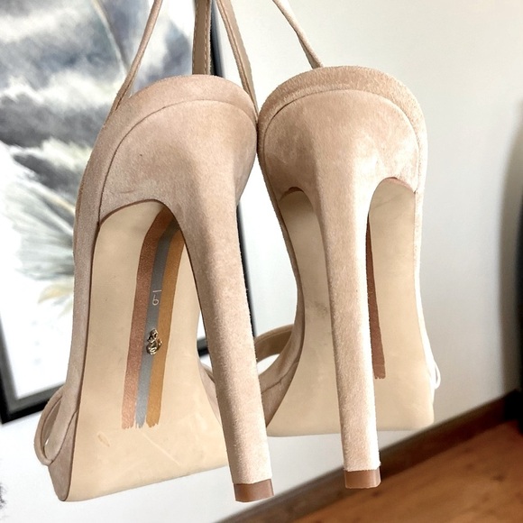 Sam Edelman Cream Suede Stiletto Heels with Ankle Strap - Picture 11 of 14